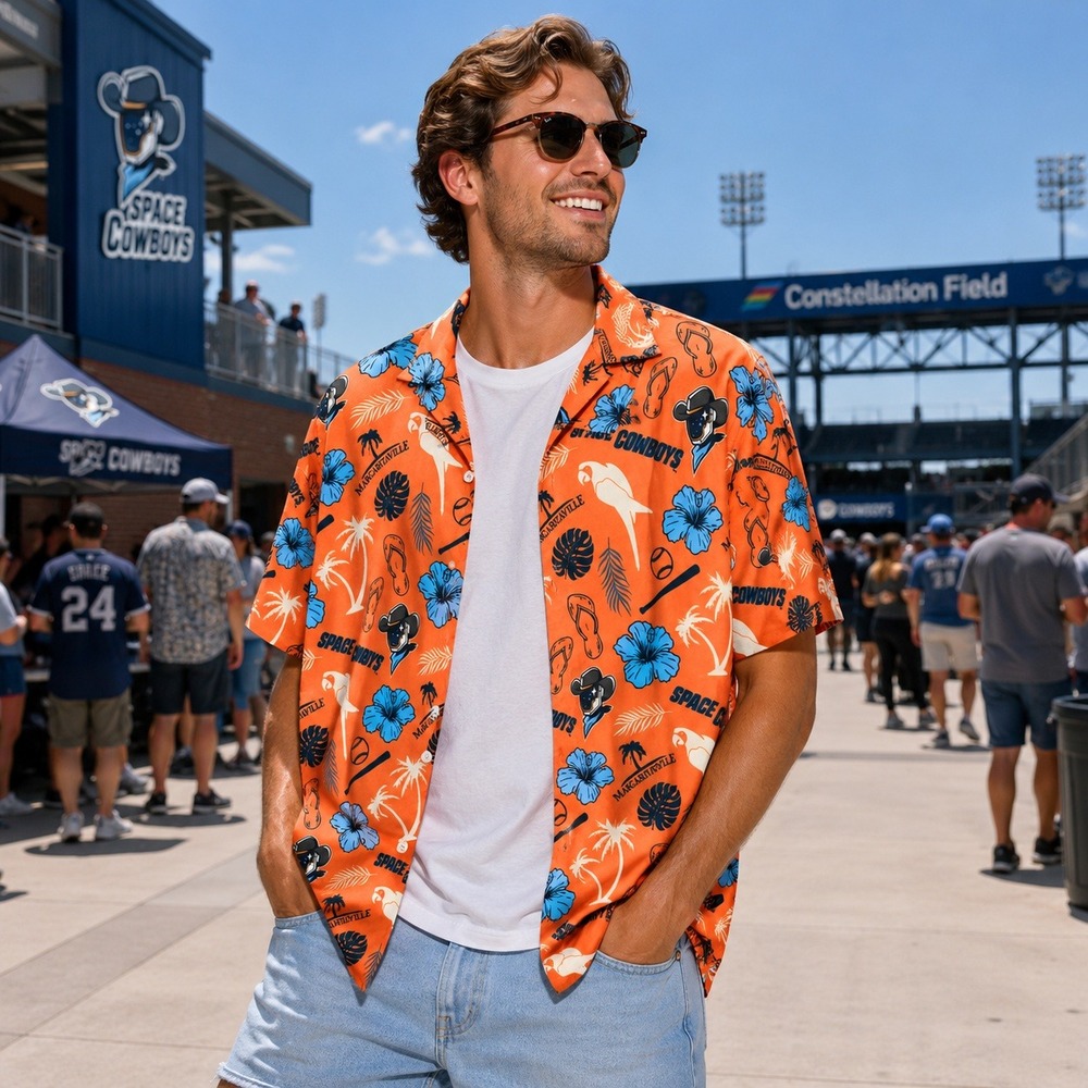 Sugar Land Space Cowboys Margaritaville Hawaiian Shirt Mens XL Orange Button Up